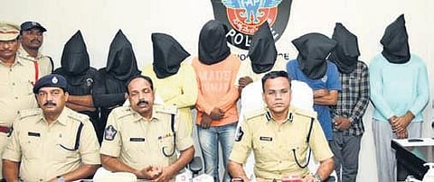 Kurnool Range DIG S Senthil Kumar produces the arrested in the cop’s murder case before the media at the DIG office in Kurnool city on Sunday I Express