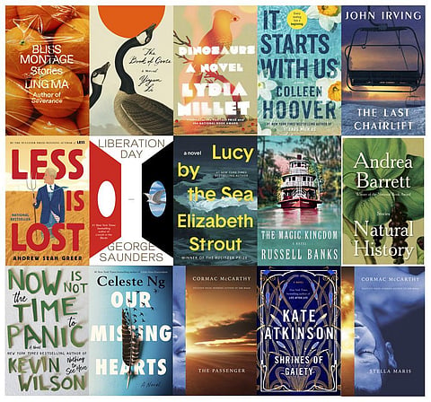 This combination of cover images show various novels releasing this fall, top row from left, 'Bliss Montage' by Ling Ma, 'The Book of Goose' by Yiyun Li, 'Dinosaurs' by Lydia Millet...(Photo | AP)
