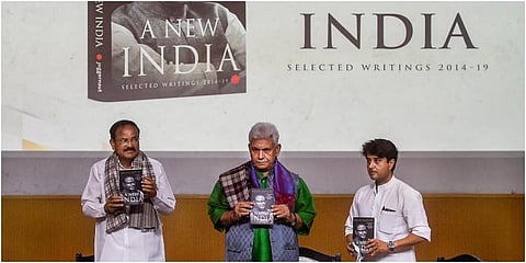 Union Minister of Civil Aviation and Steel Jyotiraditya Scindia, J&K Lt Governor Manoj Sinha and former VP Venkaiah Naidu at the launch of the book 'A New India' by Arun Jaitley. (Photo | PTI)