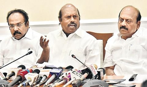 Ministers Thangam Thennarasu, E V Velu and T M Anbarasan at the Secretariat on Friday  | P Jawahar