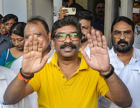 Jharkhand Chief Minister Hemant Soren gestures to the media after a state Cabinet meeting in Ranchi, Thursday, Aug. 25, 2022.  (Photo | PTI)