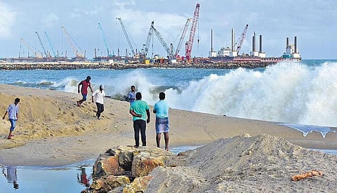 Waves crash on the port project site at Vizhinjam in Thiruvananthapuram | file pic