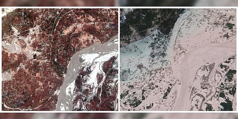 This combination of March 24 and Aug. 28, 2022 photos provided by Maxar Technologies shows the Indus River in the aftermath of flooding in Rajanpur, Pakistan. (Photo | Maxar Technologies via AP)