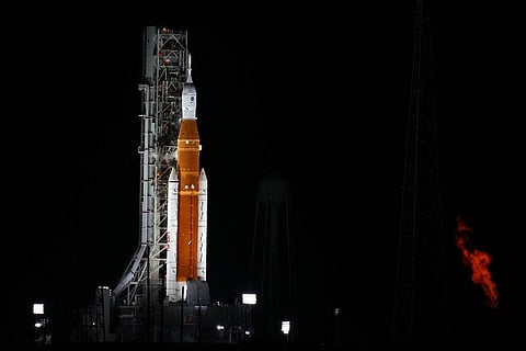NASA's new moon rocket sits on Launch Pad 39-B hours before liftoff Monday, Aug. 29, 2022, in Cape Canaveral, Fla. (Photo | AP)