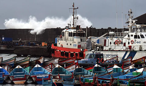 Sea waves crash over Vizhinjam harbour during high tide in Thiruvananthapuram, on August 3, 2022. (Photo | PTI)
