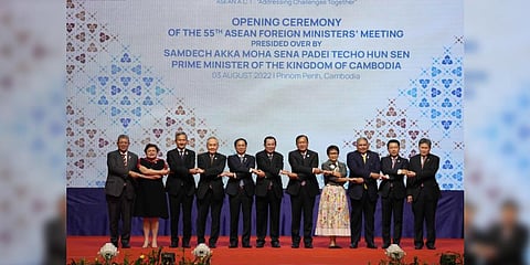 Opening of the 55th ASEAN Foreign Ministers' Meeting  at a hotel in Phnom Penh, Cambodia, Wednesday, Aug. 3, 2022.(Photo | AP)