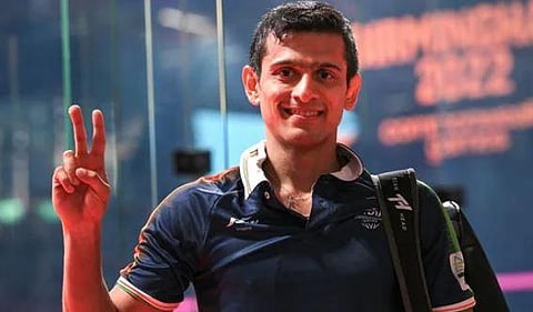 India's Saurav Ghosal flashes the victory sign. (Photo | PTI)