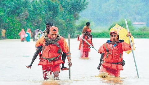 A team of the National Disaster Response Force shifting the marooned residents of the Puzhankuni Colony at Muthanga in Wayanad to a safe location following heavy rain on Tuesday | Express