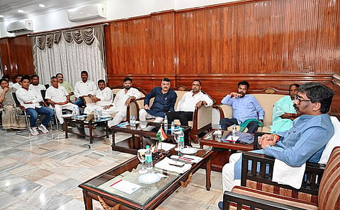 Jharkhand Chief Minister Hemant Soren chairs a meeting of United Progressive Alliance legislators, in Ranchi. (Photo | PTI)