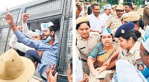 AAP members court arrest during their attempt to inaugurate the Shivananda Flyover in Bengaluru on Monday