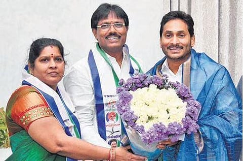 Ganji Chiranjeevi, who joined YSRC, felicitates Chief Minister YS Jagan Mohan Reddy at his camp office in Tadepalli on Monday | Express