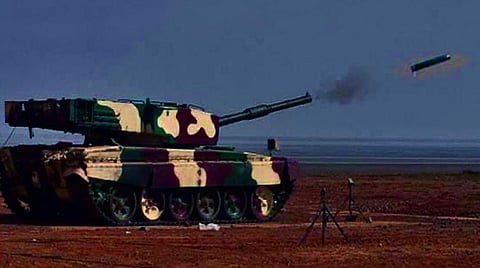 A laser-guided anti-tank guided missile being test fired from MBT Arjun (Photo | File)