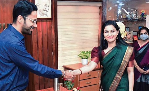 Outgoing District Collector Dr Renu Raj handing over charge to the new collector and her husband Sriram Venkitaraman at the Alappuzha Collectorate on Tuesday (File pic) | Express