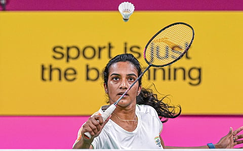 India's PV Sindhu plays a shot at the Commonwealth Games 2022 (CWG), in Birmingham, UK. (Photo | PTI)
