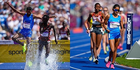 (L)India's Avinash Sable chases Abraham Kibiwot, of Kenya in men's 3000m steeplechase. (R)India's Priyanka Goswami competes in the women's 10,000 meters walk. (Photo | PTI)