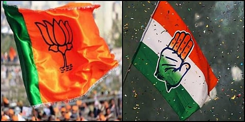 L-R: Flags of BJP and Congress parties. (File Photos | PTI)