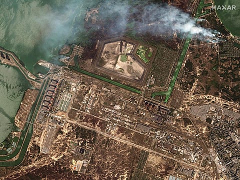 This satellite image provided by Maxar Technologies shows bush fires outside of the main power plant facilities at the Zaporizhzhia nuclear plant in Russian occupied Ukraine. (Photo | AP)