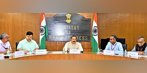 Union minister of state, Dr Jitendra Singh  chairing a high-level meeting related to the Science Conclave. (Photo | Twitter, @DrJitendraSingh)