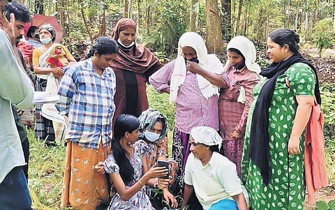 Young volunteers teaching adults how to use mobile phones as part of the ‘Digi Pullampara’ project in Pullampara panchayat, Thiruvananthapuram