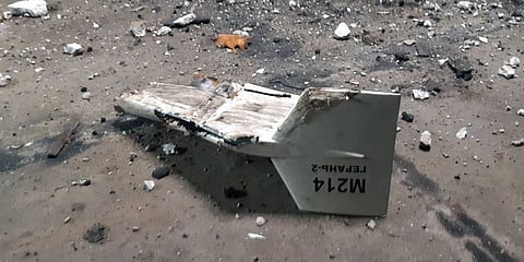 Undated photograph released by the Ukrainian military  shows the wreckage of what Kyiv has described as an Iranian Shahed drone.(Photo | AP)