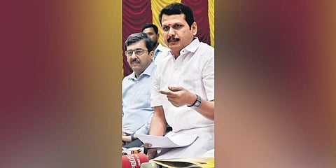 Electricity minister V Senthil Balaji speaking to media after meeting Tangedco officials at Madhavaram in Chennai on Wednesday. Tangedco chairman Rajesh Lakhani (left) is also seen | P Jawahar