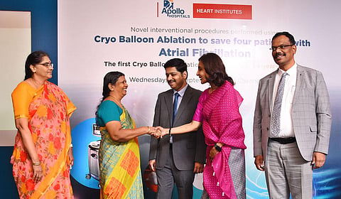 Suneetha Reddy, MD of Apollo Hospitals, interacts with patients in Chennai on Wednesday. (Photo | Ashwin Prasath)