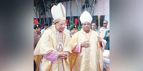 Poola Anthony(R), who was recently installed as Cardinal takes part in High Mass at St Mary’s School in Secunderabad on Thursday along with Cardinal Oswald Gracias from Mumbai and 15 bishops from acro