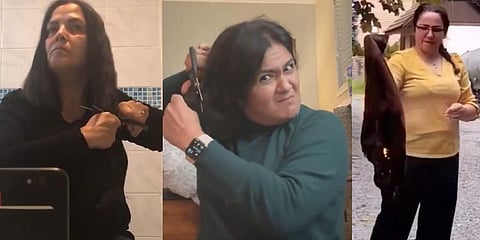Iranian women  cutting their hair and burning their hijabs to protest the suspicious death of 22-year-old Mahsa Amini. (Photos | Twitter)