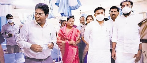 Health Minister Dr Sudhakar inspects the ICU at VIMS in Ballari on Sunday | Express