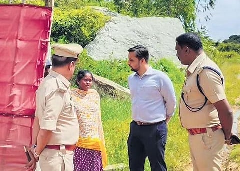 Kolar Deputy Commissioner Venkata Raja, Superintendent of Police D Devaraj, and Deputy Superintendent of Police Muralidhar meet Shobha, mother of the boy