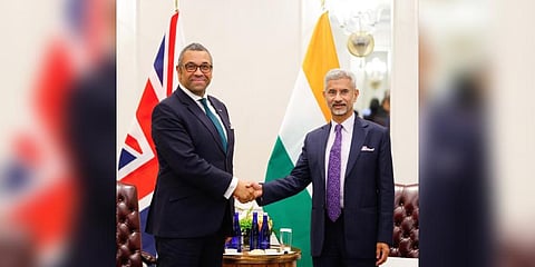 External Affairs Minister S Jaishankar with his British counterpart, James Cleverly (Photo |  S Jaishankar @ Twitter)