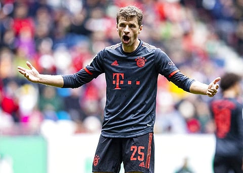 Bayern's Thomas Mueller gestures during the German Bundesliga soccer match between FC Augsburg and FC Bayern Munich in Augsburg, Germany. (Photo | AP)