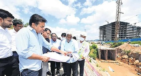 MAUD Minister KT Rama Rao inspects works at Neopolis Layout in Kokapet of Hyderabad on Saturday