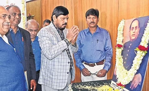 Union Minister Ramdas Athawale, University of Mysore V-C Prof G Hemantha Kumar and others pay homage to Dr BR Ambedkar in Mysuru on Saturday | udayshankar s