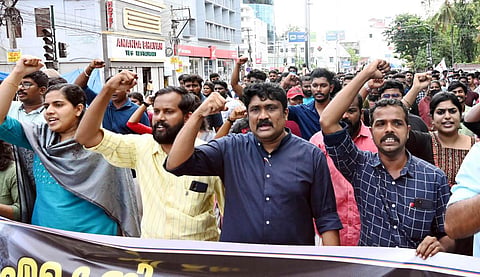 File photo of DYFI workers taking out a protest march in the wake of the attack on AKG Centre. (Photo| Vincent Pulickal, EPS)