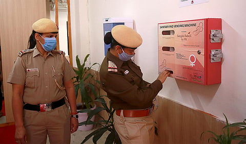 In this representational image, a sanitary napkins dispensing machine seen at RK Puram Police Station in New Delhi.  (Photo | Shekhar Yadav, EPS)