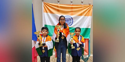 Safin Safarullakhan, Shubi Gupta, and A Charvi emerging as winners at the medal ceremony. (Photo | All India Chess Federation Twitter)