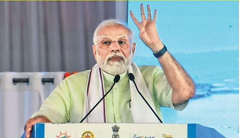 Prime Minister Narendra Modi addresses the gathering in Mangaluru on Friday | Hemanth D