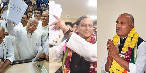 Senior Congress leaders Mallikarjun Kharge (L) and Shashi Tharoor (C), and KN Tripathi (R) filed their nominations for the Congress president election on September 30, 2022. (Photos | PTI)