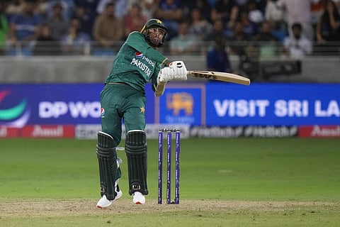Pakistan's Shahnawaz Dahani plays a shot during the T20 cricket match of Asia Cup between India and Pakistan, in Dubai. (Photo | AP)