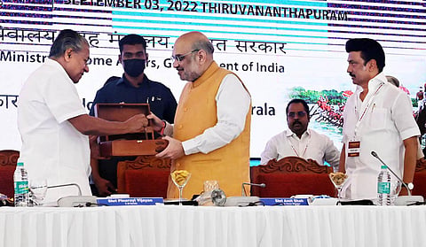 Chief Minister Pinarayi Vijayan having a chat with Union Home Minister Amit Shah during the Southern Zonal Council meet at Kovalam on Saturday. | Vincent Pulickal