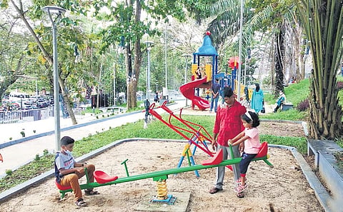 Children play at the refurbished Captain Lakshmi Park opposite to the Kanakakunnu Palace | B P Deepu