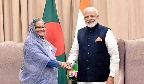 In this File Photo, PM Narendra Modi seen with his Bangladeshi counterpart Sheikh Hasina. (Pic | Twitter/@MEAIndia)