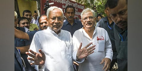 Bihar Chief Minister Nitish Kumar with  CPI-M general secretary Sitaram Yechury in New Delhi on September 6, 2022. (Photo | PTI)
