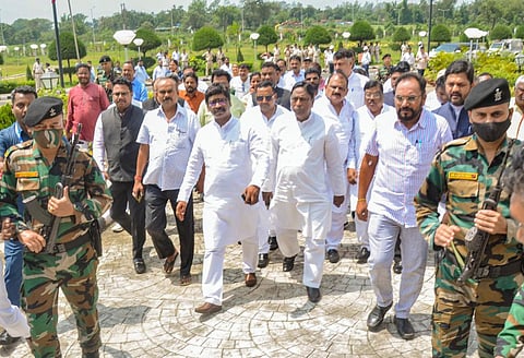 Jharkhand Chief Minister Hemant Soren along with United Progressive Alliance (UPA) MLAs arrives for the floor test in the State Assembly during a one-day special session, in Ranchi.  (Photo | PTI)