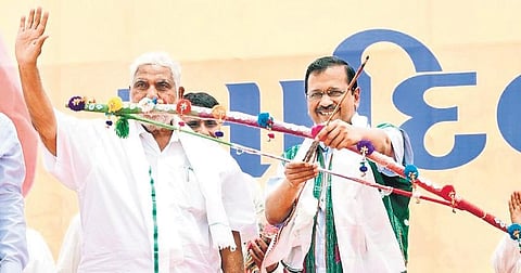 Arvind Kejriwal with BTP founder Chhotu Vasava in South Gujarat | Express