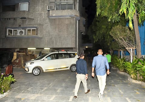 Income Tax department (IT) officials leave after conducting a raid at premises of the think-tank Centre for Policy Research (CPR), in New Delhi. (Photo | PTI)
