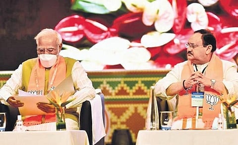 Prime Minister Narendra Modi and BJP national president JP Nadda during a meeting. (File Photo | Vinay Madapu, EPS)