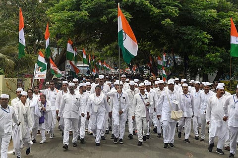 Bharat Yatris and other Congress workers during the 'Bharat Jodo Yatra', in Kanyakumari, Thursday, Sept. 8, 2022. (Photo | PTI)