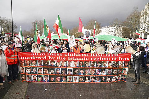 Protesters rally against the Islamic Republic in Iran following the death of Mahsa Amini, in London, on January 8, 2023. (Photo | AP)